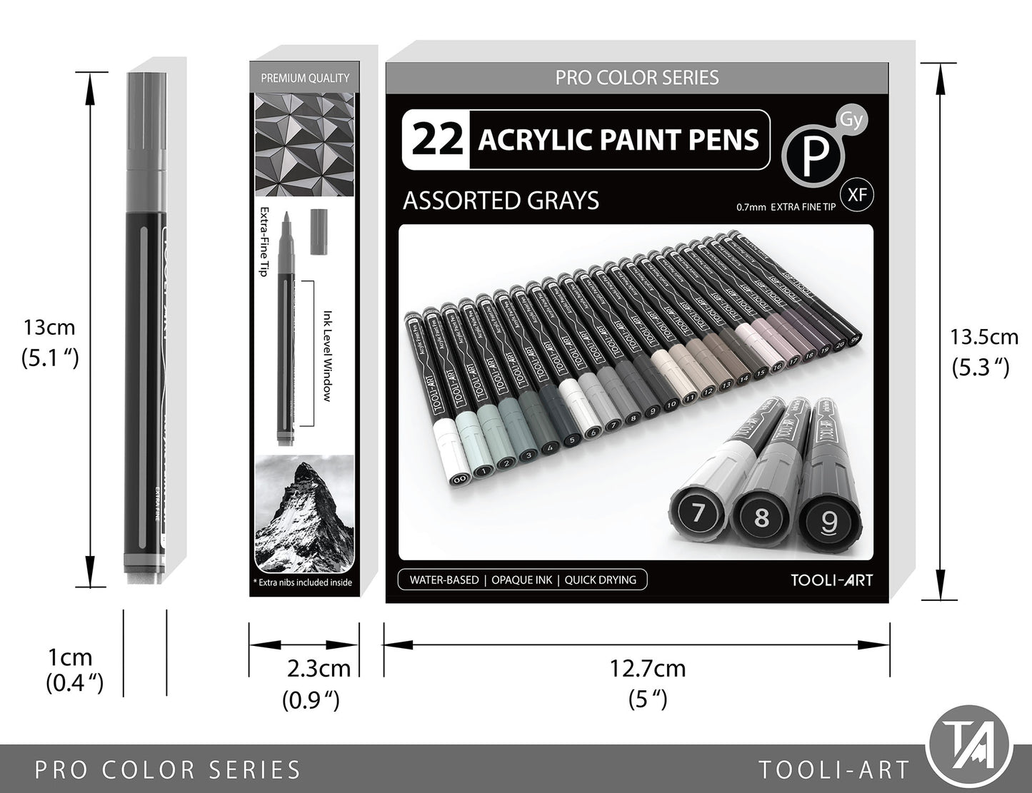 Acrylic Paint Pens 22 Assorted Gray Pro Color Series Specialty Markers Set (0.7mm EXTRA FINE)
