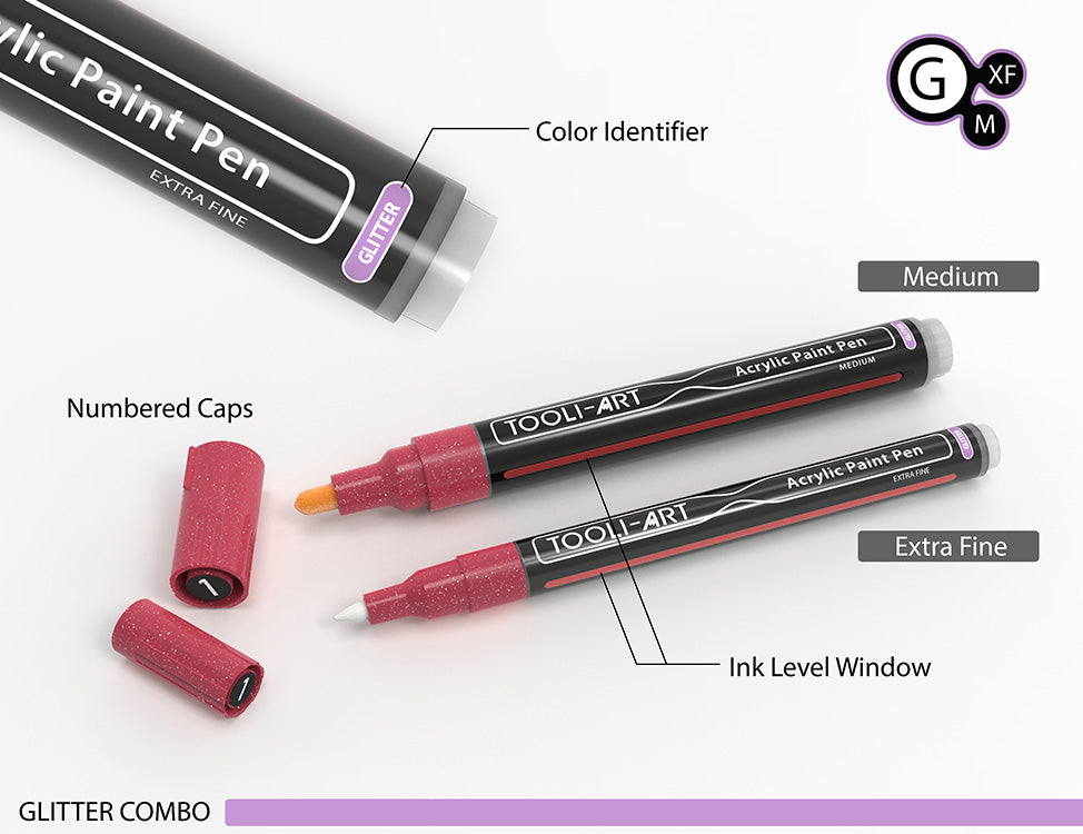 24 Glitter Acrylic Paint Pens Marker Set (0.7mm EXTRA FINE + 3.0mm MED –  TOOLI-ART