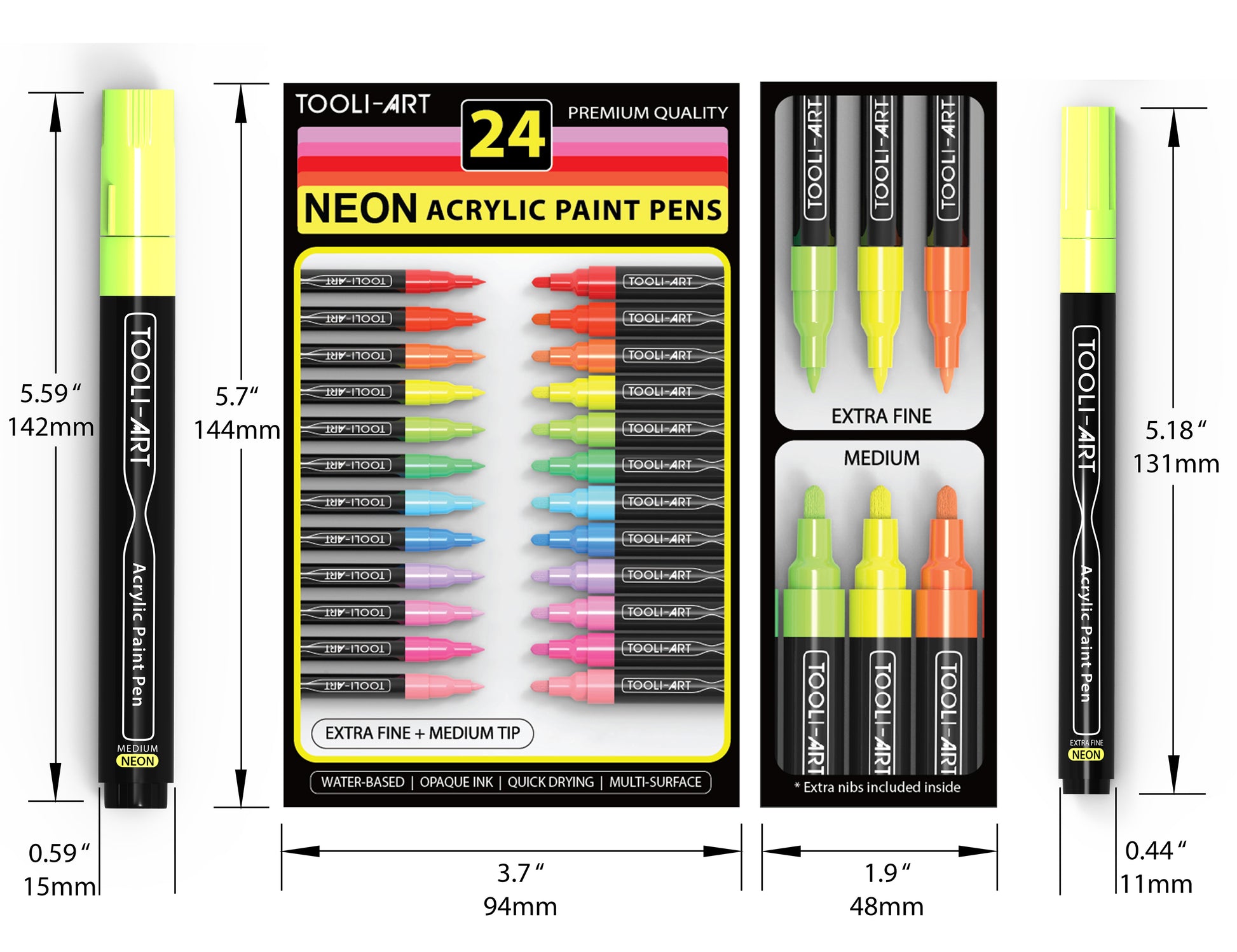 ARTOOLI 24 Metallic Acrylic Paint Pens Marker Set 0.7mm Extra Fine and 3.0mm Medium Tip Combo for Rocks, Glass, Mugs, Most surfaces. Non Toxic