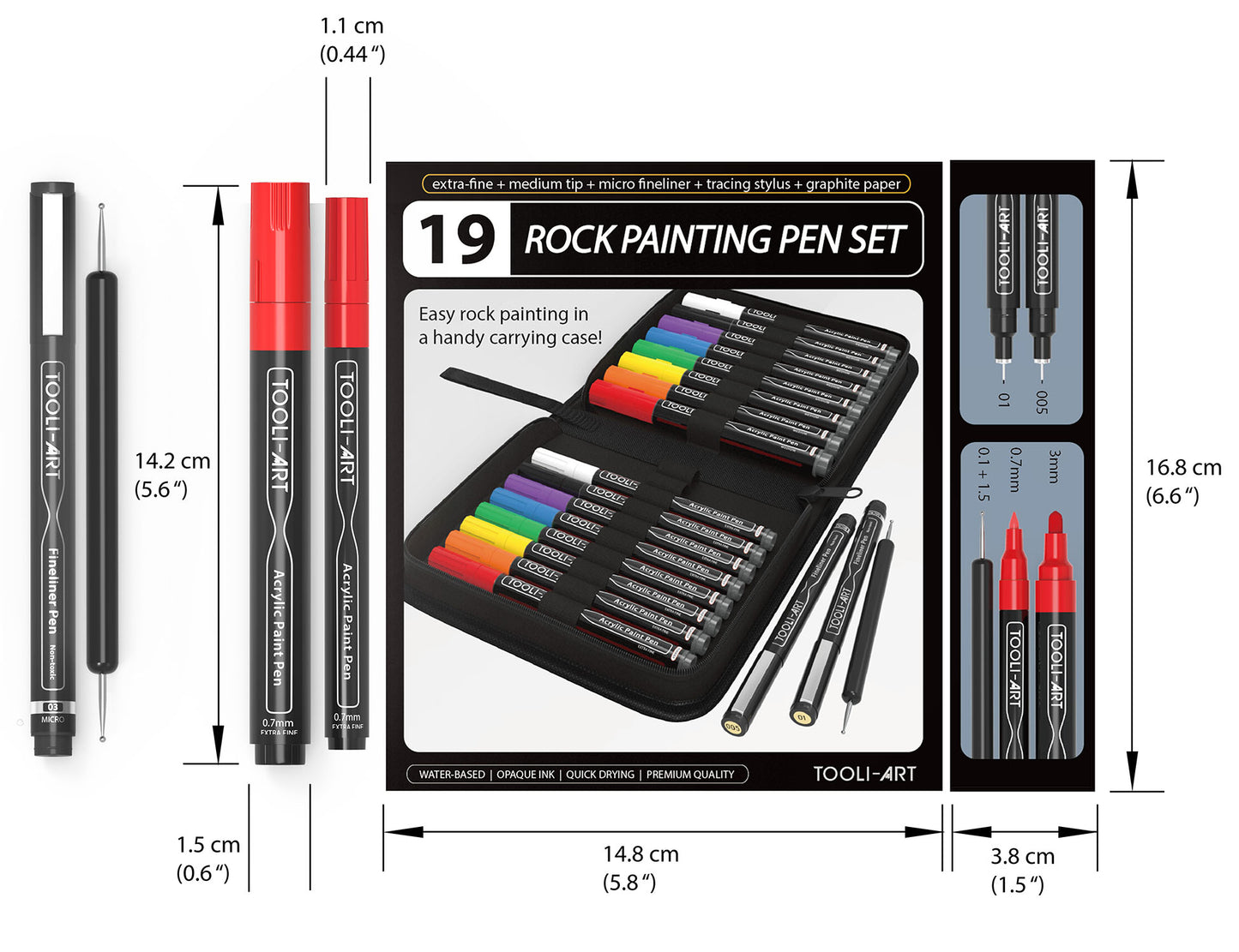 Acrylic Painting Essential 19 Pen Set In Zipper Case. 16 Acrylic Pens(0.7mm+3mm) 2 micro fineliners, Tracing Stylus, Graphite Transfer Paper