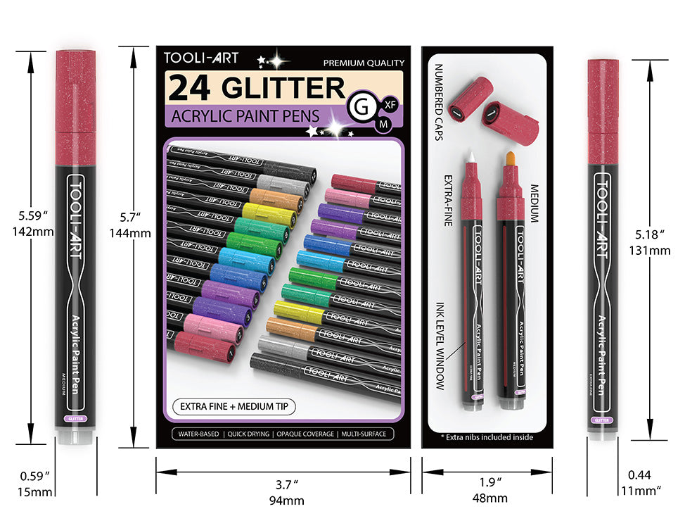 24 Glitter Acrylic Paint Pens Marker Set (0.7mm EXTRA FINE + 3.0mm
