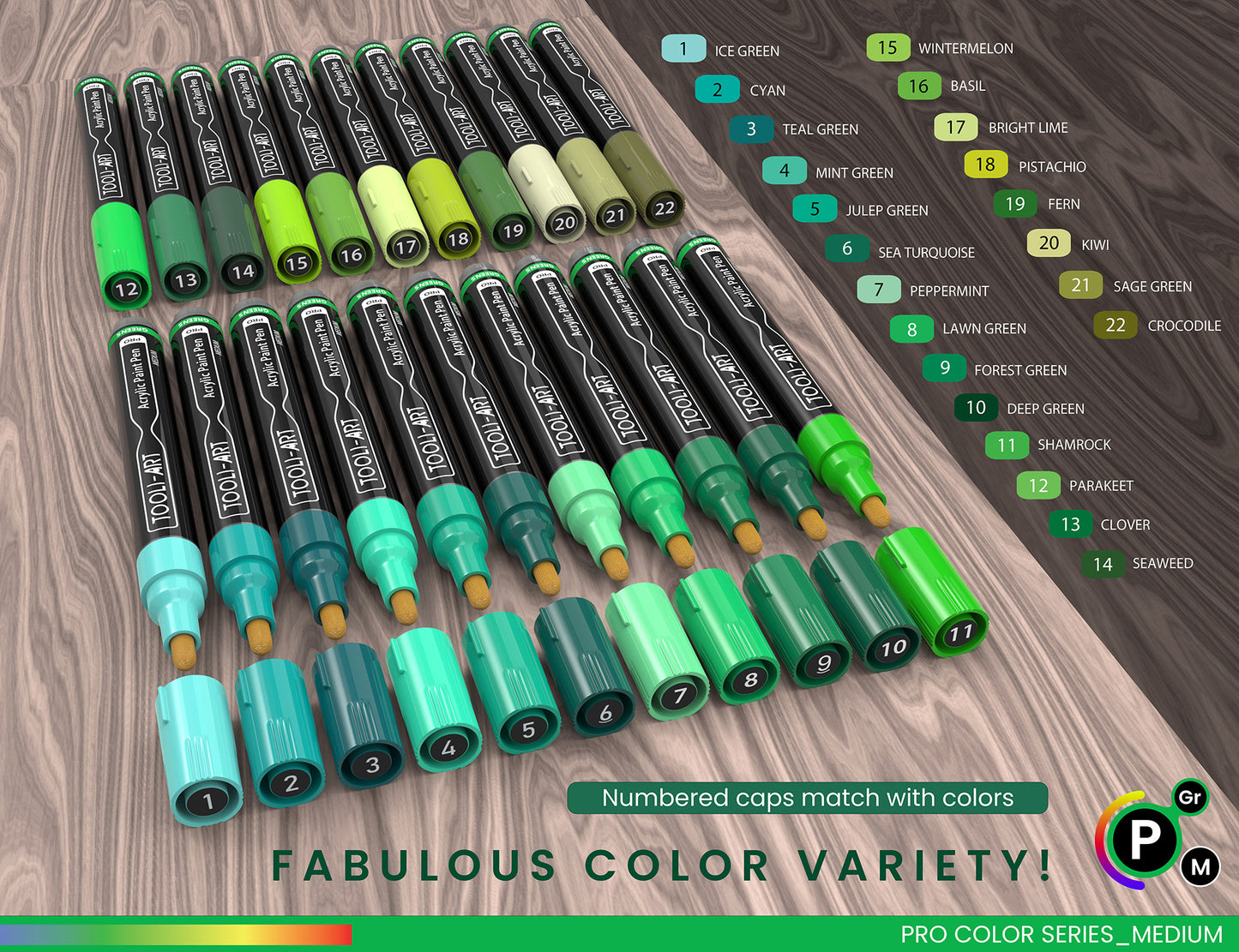 22 Acrylic Paint Pens (GREENS) Pro Color Series Set (3mm MEDIUM)