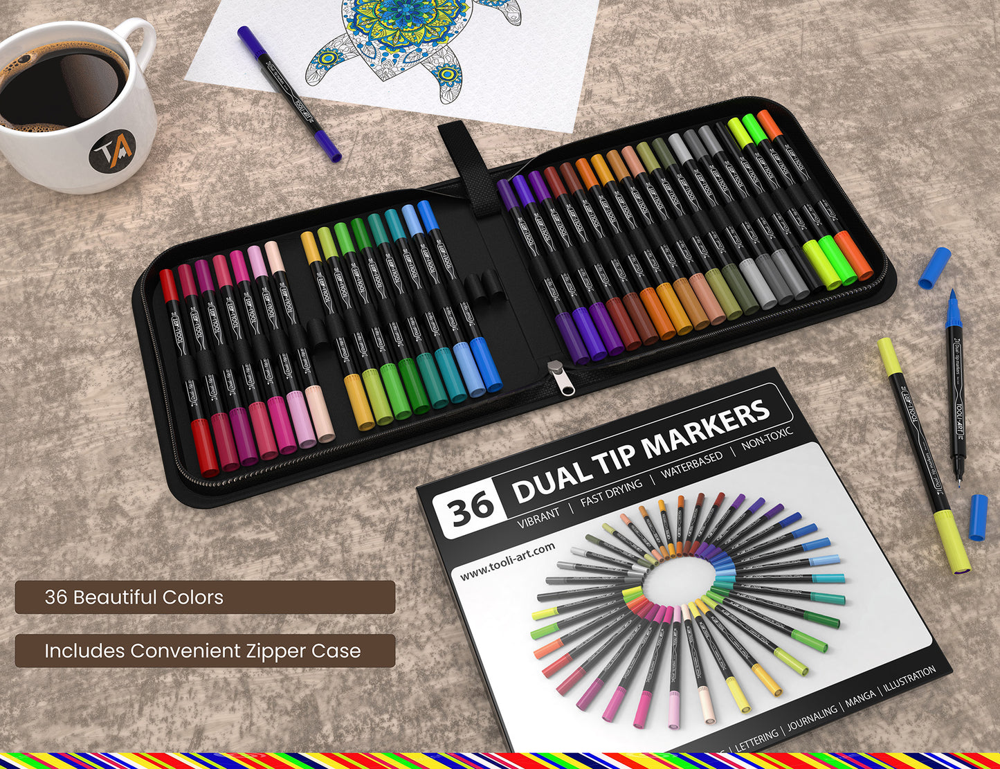 TOOLI-ART Dual-Tip Brush Pens (PIGMENT INK BASED) 36 Color Set With Canvas Organizer (Flexible Brush and 0.4mm Fineliner)