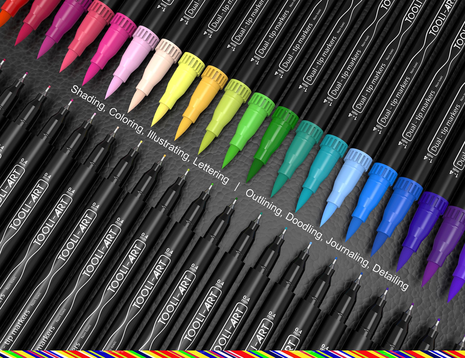 TOOLI-ART Dual-Tip Brush Pens (PIGMENT INK BASED) 36 Color Set With Ca