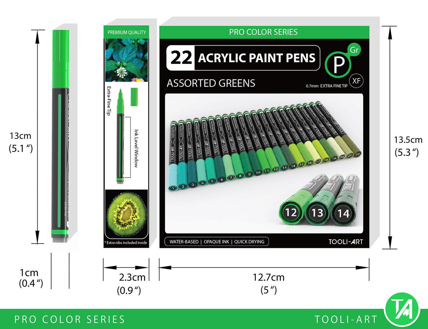 Acrylic Paint Pens 22 Assorted Green Pro Color Series Specialty Markers Set (0.7mm EXTRA FINE)